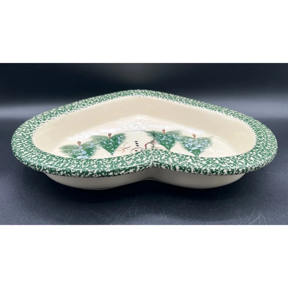 Patton Handmade Stoneware Pottery Heart Dish Snowman Green Spongeware Christmas